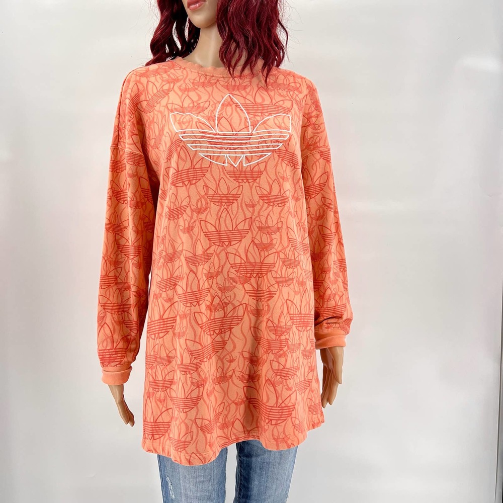 Adidas Womens Trefoil Flame Sweatshirt Dress XS Peach/Orange Loose Fit Logo - Picture 2 of 8